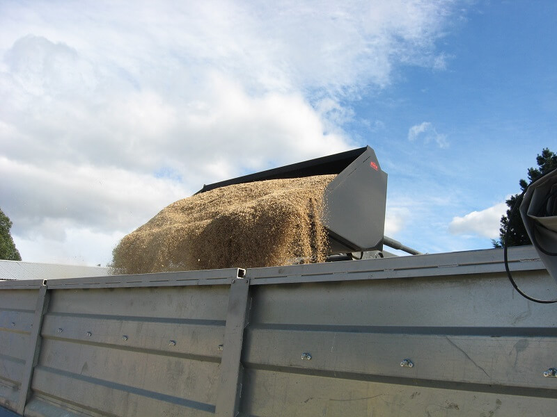 Rata front end loader bucket loading a truck with grain